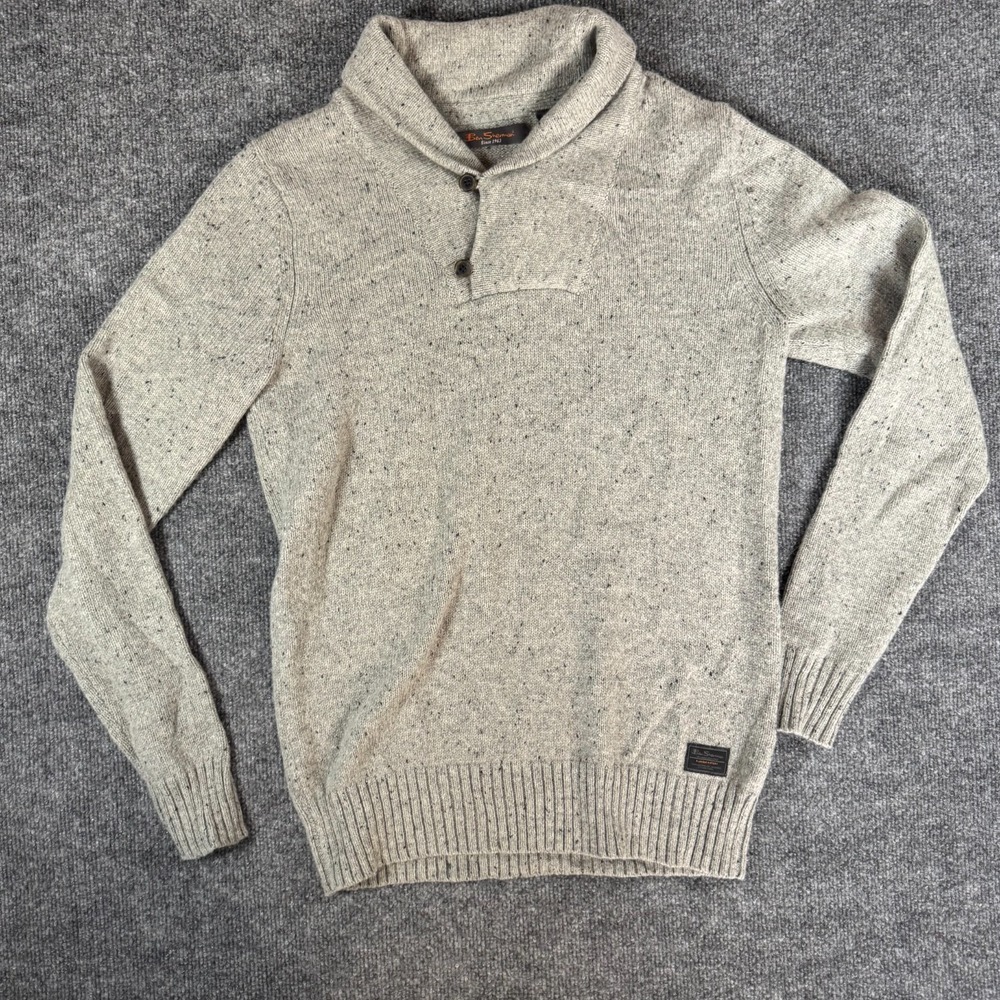 Ben Sherman Grey Soft Mens Wool Shawl Neck Knit Sweater Warm SMALL